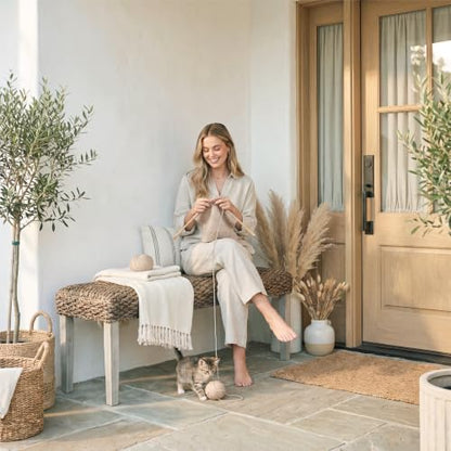 Solid Acacia Wood Bench with Natural Woven Water Hyacinth Seat, Grey Leg | Plait Style, Farmhouse, Rustic, Boho, Coastal for Living Room or Entryway - color: Plait - Grey Leg & Water Hyacinth