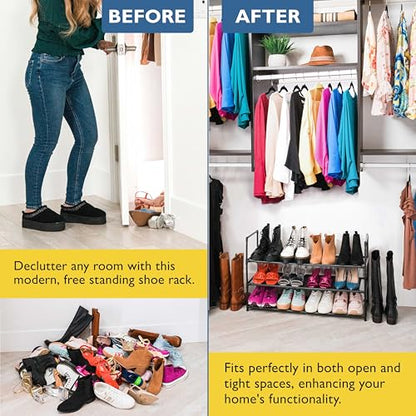 Sundaze Shoe Rack - 3 Tier Shoe Rack for Front Door Entrance, Sturdy Long Shoe Organizer for Closet, Bedroom, Entryway, Garage, Non Woven Fabric Shelf, Black, Holds Up to 15 Pairs - size: 3 Tier (34.3" W)