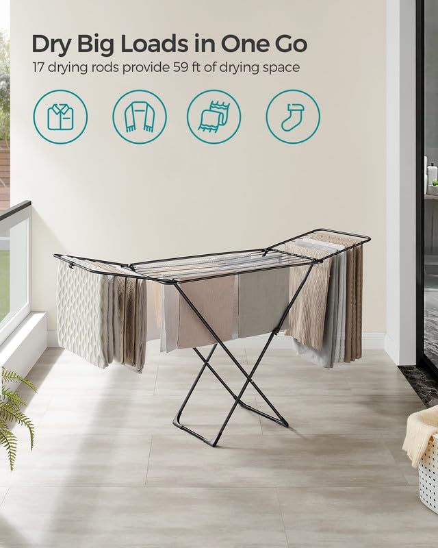 SONGMICS Clothes Drying Rack, Metal Laundry Drying Rack, Foldable, Space-Saving, Free-Standing Airer, with 2 Gullwings, Indoor Outdoor Use, Bed Linen Clothing, Black ULLR540B01 - color: Black, style: 2 Gullwings（19.7"D)