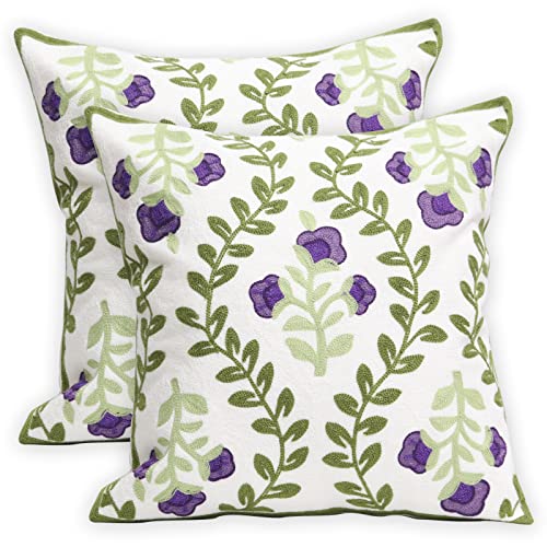 Set of 2 Embroidered Decorative Throw Pillow Covers Couch Square Pillowcases Cushion for Bedroom Sofa Farmhouse Decor 18x18 Inch (Purple Floral) - color: Purple Floral