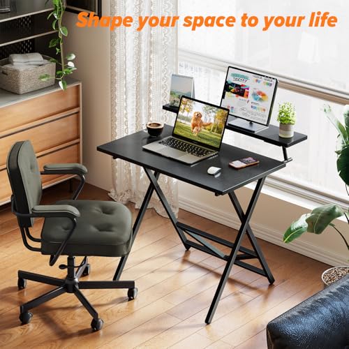 WOHOMO Folding Computer Desk with Monitor Stand, Adjustable Height, Black | Foldable Table Small Office Desk for Bedroom, Space Saving Desk for Home Office, Easy Assembly - color: Black