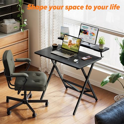 WOHOMO Folding Computer Desk with Monitor Stand, Adjustable Height, Black | Foldable Table Small Office Desk for Bedroom, Space Saving Desk for Home Office, Easy Assembly - color: Black