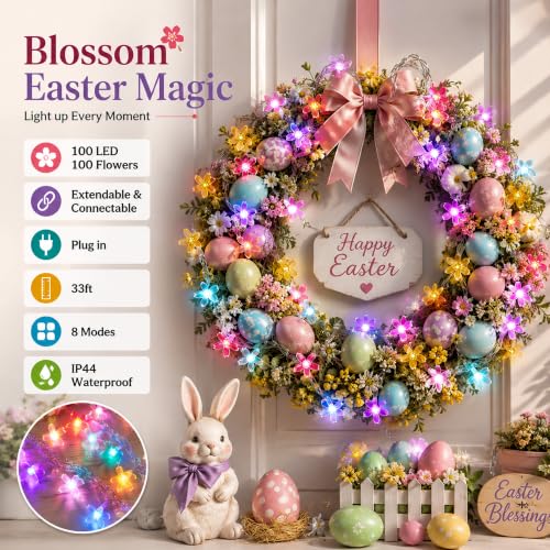 33ft Plug In Pastel Multicolor Christmas Flower String Lights Hanging Decor | 8 Modes Ip44 Waterproof Connectable Extendable Fairy Cherry Blossom Flower Lamp For Indoor Outdoor Hanging Decorations - color: Multicolor