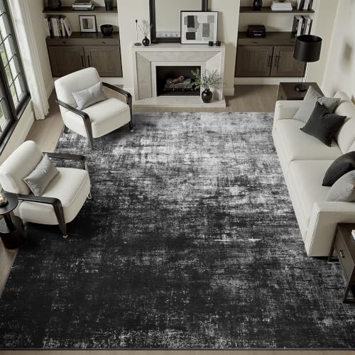 DCX Washable Abstract Area Rug 6x9, Non Slip Low Pile Rug, Black | Easy to clean, non-shedding, soft, kid & pet friendly, with a non-slip rubber backing for living rooms, bedrooms, and offices - color: Black, size: 6' x 9' (Rectangular)