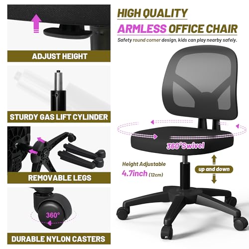 Swivel Armless Office Desk Chair No Arms with Back Support Rolling Wheels for Small Spaces Adult