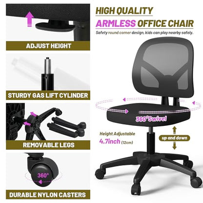 Swivel Armless Office Desk Chair No Arms with Back Support Rolling Wheels for Small Spaces Adult