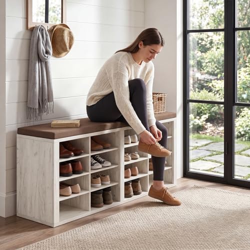 Shoe Storage Bench with Cushion Shoe Rack for Entryway 16 Cubby Multifunctional Organizer Bench Entryway with Soft Sponge Cushion for Hallway Living Room Bedroom (White & Brown) - color: White & Brown