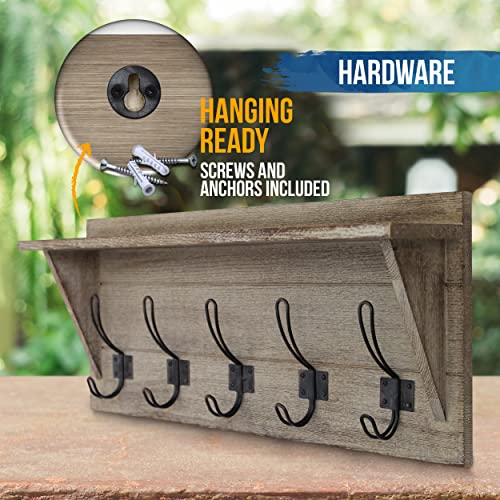HBCY Creations Rustic Wall Mounted Coat Rack with Shelf - Solid Wood 24" Entryway Shelf with 5 Coat Hangers. Perfect Touch for Your Entryway, Mudroom, Kitchen, Bathroom and More, Weathered Brown - color: 5- Weathered Brown
