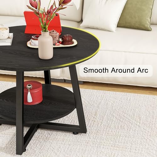 Round Coffee Table with Storage,Metal Small Coffee Table,Black | 2-Tier Circle Small Coffee Table for Living Room, Metal Frame/Wood Look,Modern Sofa Table Center for Home Office - color: Black
