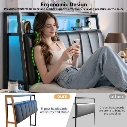 FreeHouse King Size Bed Frame with Storage Headboard & 3 Drawers, Black | Upholstered King Bed Frame with Charging Station & LED Lights,Fabric Drawers, Metal Slats, No Box Spring Needed Noise-Free - color: Black, size: King