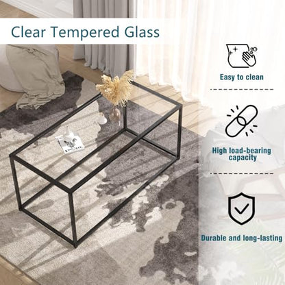 Glass Coffee Table Modern Center Table,Minimalist Coffee Table for Living Room,Tempered Glass-top with Sturdy Metal Frame, Easy Assembly,Black - color: Black, style: Rectangle