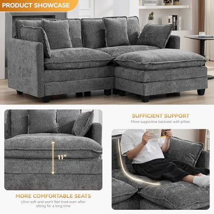 76'' Cloud Deep Seat Loveseat Sofa, Upholstered Chenille Modular 2-Seats Sectional Sofa Couch with Movable Ottoman, Modern Comfy Settee Loveseat for Living Room Set, Small Apartment, Grey - color: Grey, size: 76'' L Shape