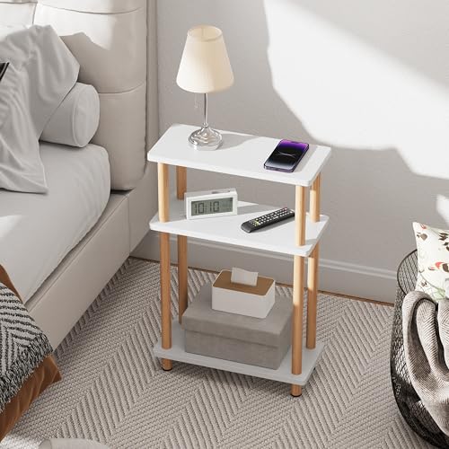 Apicizon Small Narrow Side Table, 3-Tier End Table, White Natural | Sofa Side Table, Slim End Table, Wood Storage Shelf, Slim Nightstand Bedside Table for Narrow Spaces, Living Room, Bedroom - color: White and Natural, style: Narrow Side Table