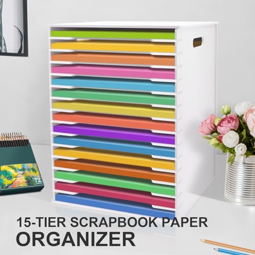 SONGWAY 12x12 Paper Storage Organizer - 15 Tier Desk File Organizer with Adjustable Shelves, Letter Mail Tray, 12x12 Stackable Scrapbook Paper Storage Cube for Home Office Classroom - size: 15-Tier