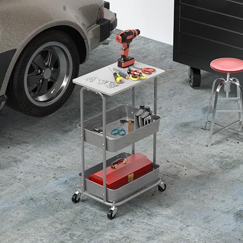 Simple Houseware 2-Tier Rolling Utility Cart Wood Top/Lockable Wheel, White | Metal Storage Organizer Trolley for Kitchen, Bathroom, Office, Craft Room - color: White