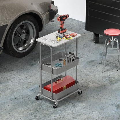 Simple Houseware 2-Tier Rolling Utility Cart Wood Top/Lockable Wheel, White | Metal Storage Organizer Trolley for Kitchen, Bathroom, Office, Craft Room - color: White