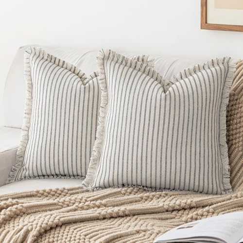 YEENAASY Throw Pillow Covers 22x22 Boho Striped Pillow Cases with Tassel | Set of 2 Fringe Pillow Cover Farmhouse Cushion Covers Neutral Pillows Decorative Square Pillowcase for Couch Sofa Bed, Grey - color: Grey, size: 22" x 22" (Pack of 2)
