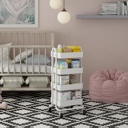 4 Tier Metal Rolling Cart with Wheels,4 Tier Utility Cart with Wheels for Office,Home,Kitchen,Garden（13.4"x18.1"x40"） White - color: White, size: 40"H