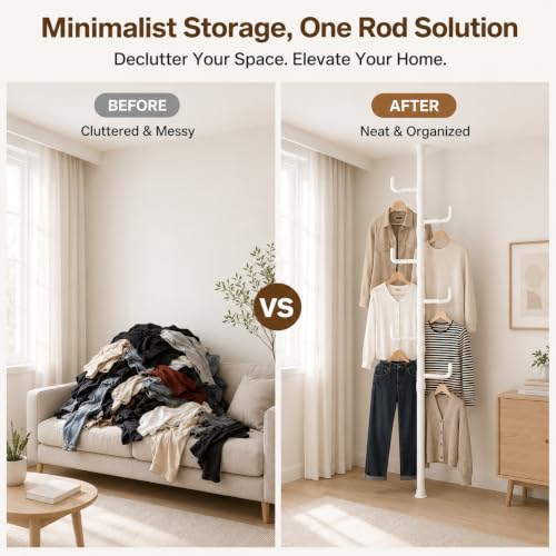 Floor to Ceiling Clothes Drying Rack, Adjustable Tension Pole Laundry Rack for Balcony. Vertical Coat Hanger Stand for Bathroom Bedroom, No Drilling Easy Install Space Saving (White) - color: White