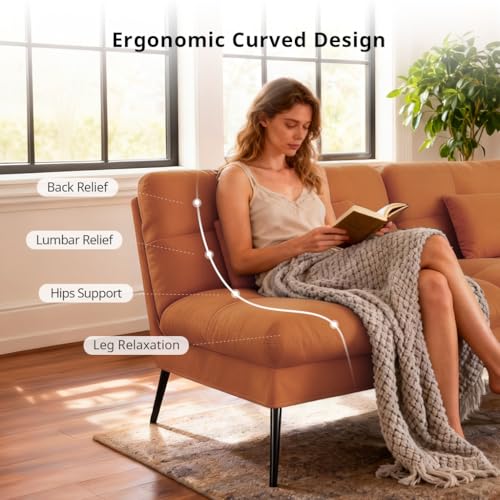 COMHOMA 72″ Convertible Futon Sofa Bed, Adjustable Backrest, Orange | Breathable Fabric Futon Couch with Pillows,Multi-angle Ergonomic Reclining,Space-saving Sleeper Sofa for Living Room - color: Orange