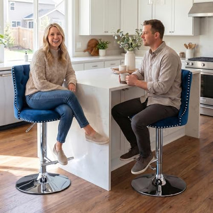 Velvet Bar Stool Set of 2, Adjustable Swivel Bar Stools with Silver Plated Metal Leg, Button Tufted, Footrest, Chrome Nailhead, Counter Height Chair for Kitchen, Bar, Dining Room (Blue) - color: Blue-silver Leg, size: Set of 2