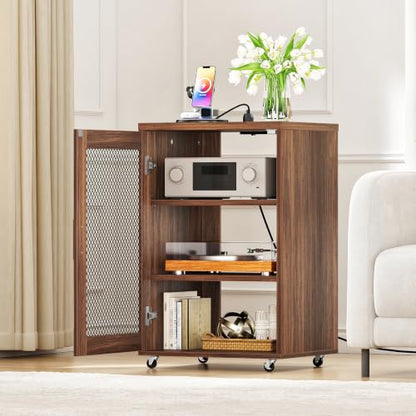 Media Cabinet with Charging Station, Stereo Cabinet with Wheels, Audio-Video Media Stand with Adjustable Shelves and Mesh Door, AV Rack for Living Room, Home Theater, Walnut MBZ23UHT