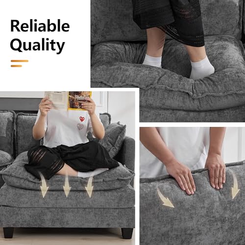 76'' Cloud Deep Seat Loveseat Sofa, Upholstered Chenille Modular 2-Seats Sectional Sofa Couch with Movable Ottoman, Modern Comfy Settee Loveseat for Living Room Set, Small Apartment, Grey - color: Grey, size: 76'' L Shape