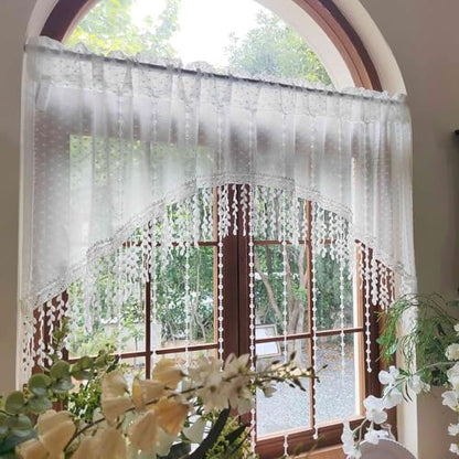 White Arched Sheer Valance Boho Pompom Short Curtain Tier Crystal Beads 1PC | For Doorways Tassels Swag Curtain Room Divider Dining Room Glass Door Rod Pocket (W59 X L43 INCH,White) - size: 59"W x 43"L (Pack of 1)
