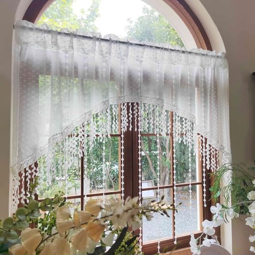 White Arched Sheer Valance Boho Pompom Short Curtain Tier Crystal Beads 1PC | For Doorways Tassels Swag Curtain Room Divider Dining Room Glass Door Rod Pocket (W59 X L43 INCH,White) - size: 59"W x 43"L (Pack of 1)