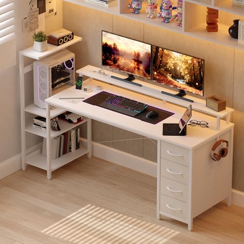 59 Inch Gaming Desk with Drawers & PC Tower Stand & LED Lights, White | Reversible, Monitor Shelf, Power Outlets, Carbon Fiber, Mesa Gamer, Computer Desk with Storage, Gaming Table for Home Office - color: Carbon Fiber White, size: 59 Inch