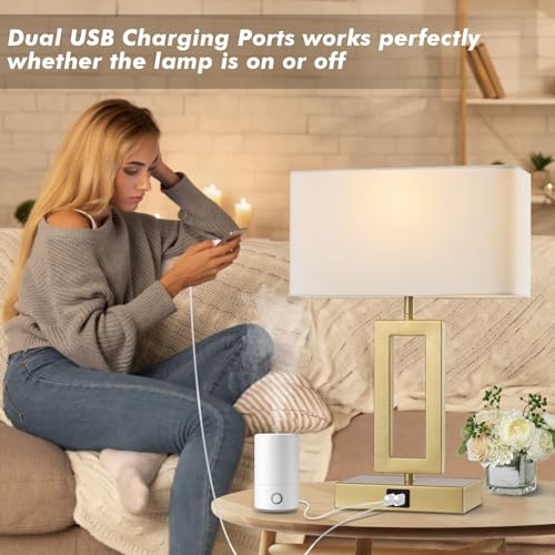 gernehop Gold Table Lamps Set of 2 with Dual USB Ports,3-Way Dimmable Touch Control Bedside Lamps,Modern Bedroom Table Lamp for Living Room,Nightstand LED Bulbs Included - color: 16Inch Whie&Gold