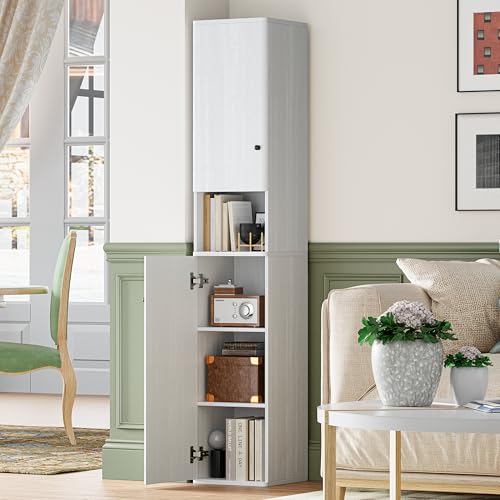 64" Narrow Bathroom Storage Cabinet with Adjustable Shelves and Drawer | 6-Tier Tall Slim Storage Cabinet,Anti-Tip Kit Included,Freestanding Cupboard for Small Spaces, Hallway,White