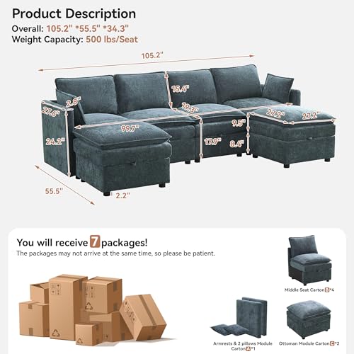 105" Cloud Modular 4 Seater Sofa with 2 Storage Ottoman, Modern Upholstered Sofa Storage Sofa Couch Deep Seat, U Shape Sectional Sofa Chenille Comfy Couch with Armrests for Living Room, Blue - color: Blue, size: 105" 4 Seater+2 Ottoman