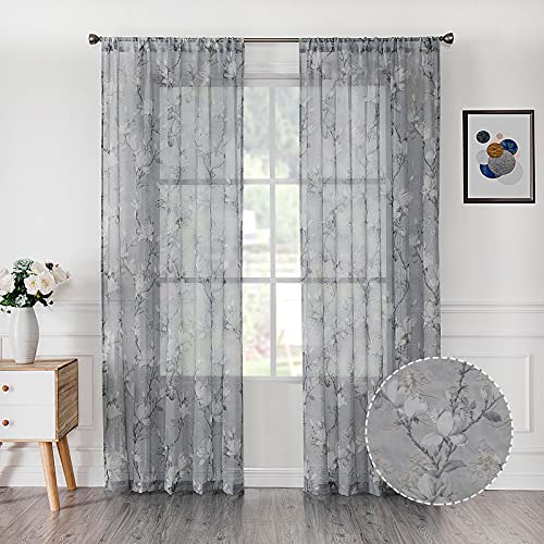 Tollpiz Floral Grey Short Sheer Curtains Flower Print Vine Embroidery Bedroom Curtain Rod Pocket Voile Window Curtains for Living Room, 54 x 45 inches Long, Set of 2 Panels - color: Grey, size: 54"W x 45"L (Pack of 2)