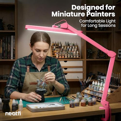 Neatfi XL 2,500 Lumens 30W LED Task Lamp for Manicure Table, Crafts, Workbench, Office – 22” Wide Shade Desk Light | Eye-Caring 6500K | 4-Level Brightness (Pink, Non-CCT with Clamp) - color: Pink