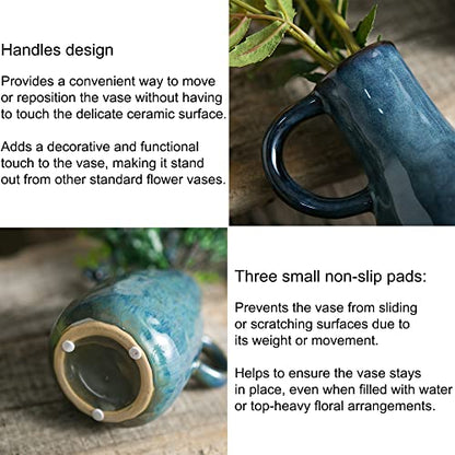 Tanvecle Ceramic Vase Set of 2, Blue Glazed Small Pottery Vases with Handles, Decorative Clay Vase Modern Farmhouse Decor, Centerpiece Dining Table Decorations Porcelain