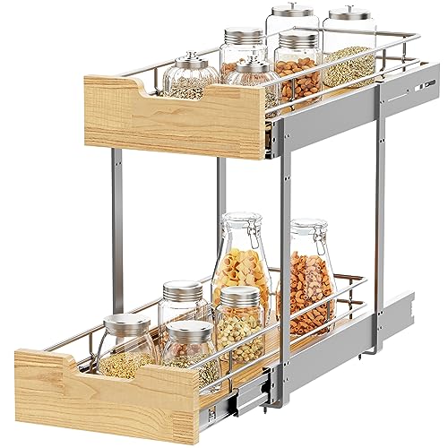 Sikarou Pull Out Cabinet Organizer,Heavy-Duty Slide Out Shelf, Wood and Wire Basket, Pull Out Drawer for for Kitchen Under Sink Space, Pantry, Bathroom, 2 Tie 9 * 21 in - size: 2-TIE 9*21 WM