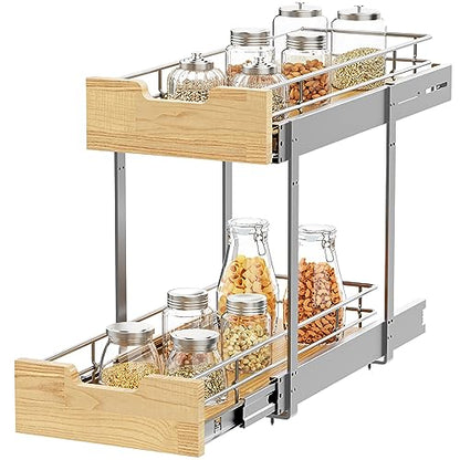 Sikarou Pull Out Cabinet Organizer,Heavy-Duty Slide Out Shelf, Wood and Wire Basket, Pull Out Drawer for for Kitchen Under Sink Space, Pantry, Bathroom, 2 Tie 9 * 21 in - size: 2-TIE 9*21 WM