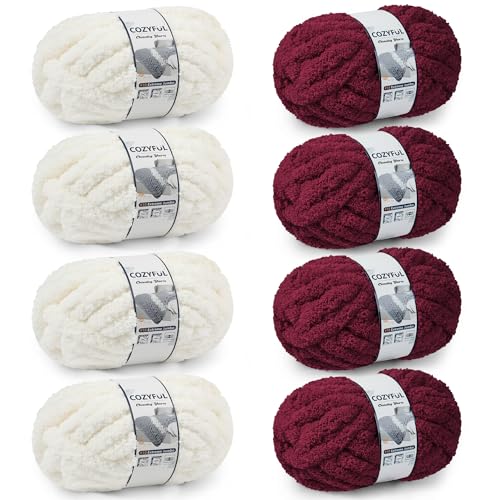 Cozyful Chunky Yarn for Hand Knitting - #10 Chunky Chenille Yarn, Jumbo Big Thick Chunky Yarns for Crocheting, Super Bulky Chunky Knit Blanket Yarns, 8 Skein (22yd, 8oz/Skein), Cream & Wine - color: Cream & Burgundy