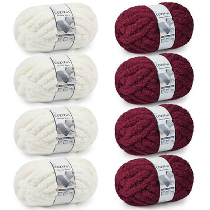 Cozyful Chunky Yarn for Hand Knitting - #10 Chunky Chenille Yarn, Jumbo Big Thick Chunky Yarns for Crocheting, Super Bulky Chunky Knit Blanket Yarns, 8 Skein (22yd, 8oz/Skein), Cream & Wine - color: Cream & Burgundy