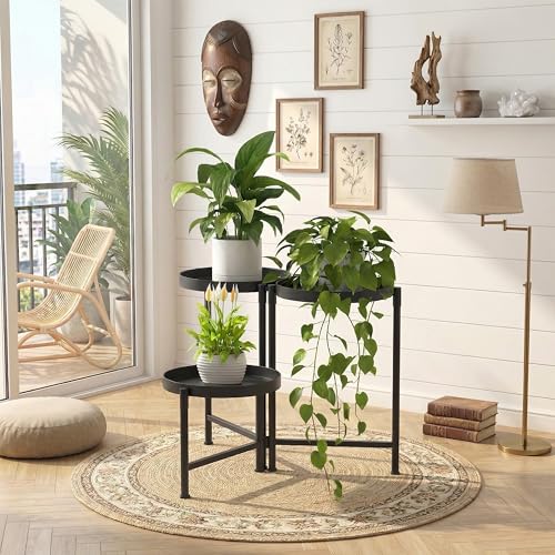 3 Tier Tall Metal Plant Stand, Duty Tiered Flower Shelf for Patio Garden | Foldable storage, Rotatable 3-tier design, leakproof trays, Waterproof rustproof, 10-minute easy assembly - size: 3 Tier