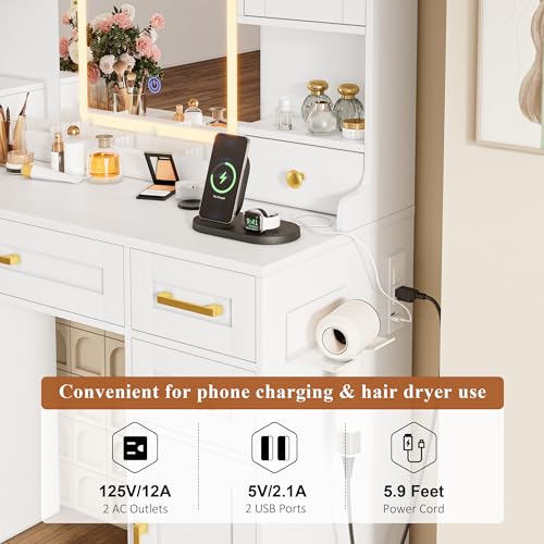 Vanity Desk with Mirror and LED Lights & Power Outlet | Large Makeup Vanity Table with 5 Drawers and 4 Storage Cabinets, White Dressing Table for Bedroom - size: 043 Pure White