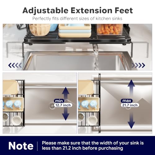 Simple Trending Dish Drying Rack - Expandable Dish Rack for Kitchen Counter, Large Capacity Dish Drainer, Stainless Steel Dish Strainer with Utensil & Cup Holders, Black - size: 21.71"D x 17"W x 6"H
