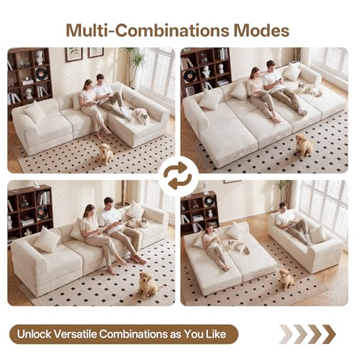 112" L Shaped Modular Sectional Sofa with Ottoman, Cloud Boneless Couch Deep Seat with 4 Pillows, Oversized Folding Sofa Bed Couches for Living Room Bedroom,No Assembly-White - color: Cream, size: 4 Seat