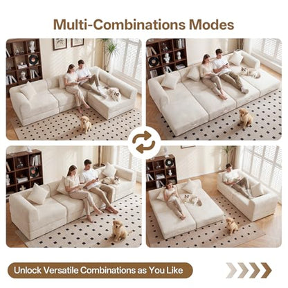 112" L Shaped Modular Sectional Sofa with Ottoman, Cloud Boneless Couch Deep Seat with 4 Pillows, Oversized Folding Sofa Bed Couches for Living Room Bedroom,No Assembly-White - color: Cream, size: 4 Seat