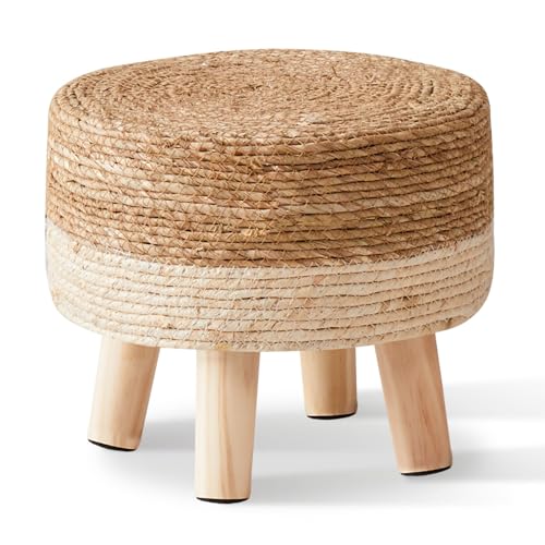 Cpintltr Foot Stool Natural Seagrass Hand Weave Poufs Round Ottoman for Couch Desk Soft Step Stool Padded Foot Rest with Non-Skid Pine Legs for Hallway Office Lounge Natural/White - color: White