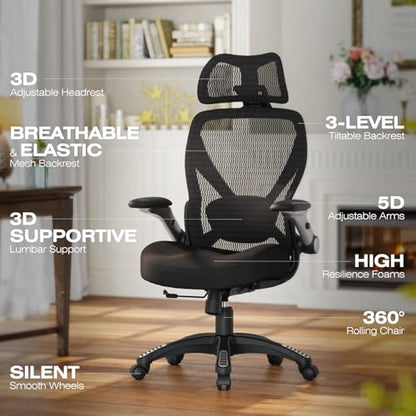 X100 Ergonomic Mesh Office Chair, Big and Tall Home Desk Chair with 5D Flip-Up Arms, Adjustable 3D Lumbar Support, Gaming & Executive Computer Chair