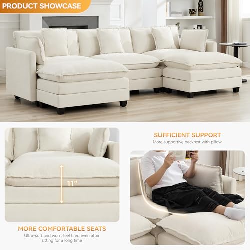 111'' Sectional Cloud Deep Seat Couch, Oversized Chenille U Shaped Sectional Sofa for Living Room Set, Comfy Upholstered Modular 5-Seats Sectional Sofa Couch with 2 Movable Ottoman, Beige - color: Beige, size: 111'' U Shape