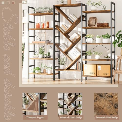 70x70 Triple 5 Tier Book Shelf, Large Wooden Bookcase with 17 Open Display Shelf, Modern Tree Bookshelf Metal Frame Tall Book Case Furniture for Living Room Bedroom Home Office Rustic Brown - color: Brown, size: 5 tier