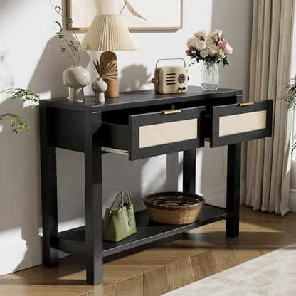 Boho Chic Console Table with 2 Rattan Drawers and Open Shelf Storage, Narrow Farmhouse Sofa Table for Small Space Entryway, Living Room,Hallway, Black - color: Black